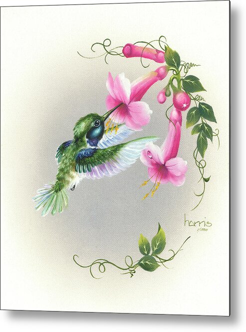 A Multicolored Hummingbird With Its Beak In A Trumpet Flower Metal Print featuring the painting Hummingbird With Trumpet Flowers 2 by Peggy Harris