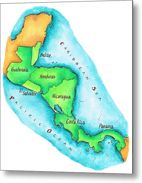 Watercolor Painting Metal Print featuring the digital art Map Of Central America by Jennifer Thermes