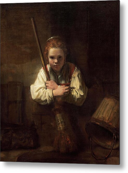 Oil On Canvas Metal Print featuring the painting Rembrandt Workshop -Possibly Carel Fabritius- A Girl with a Broom. by Rembrandt Workshop -Possibly Carel Fabritius-