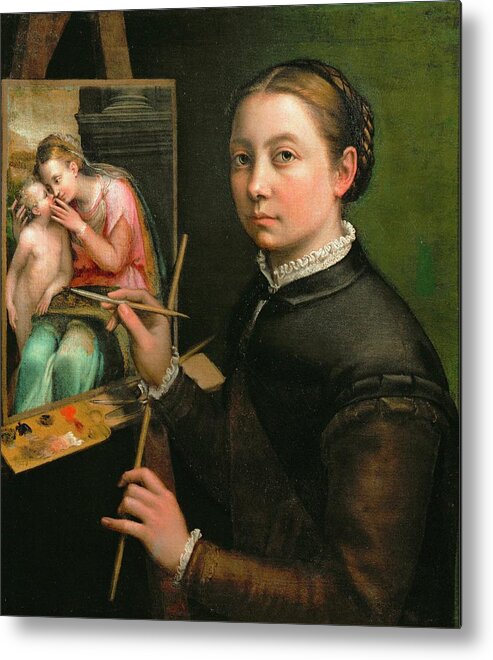 Anguissola Metal Print featuring the painting Self-portrait, painting the Madonna, 1556 Canvas, 66 x 57 cm. by Sofonisba Anguissola -c 1532-1625-