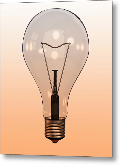 Transparent Metal Print featuring the photograph Single Light Bulb On Coloured Background by Calysta Images