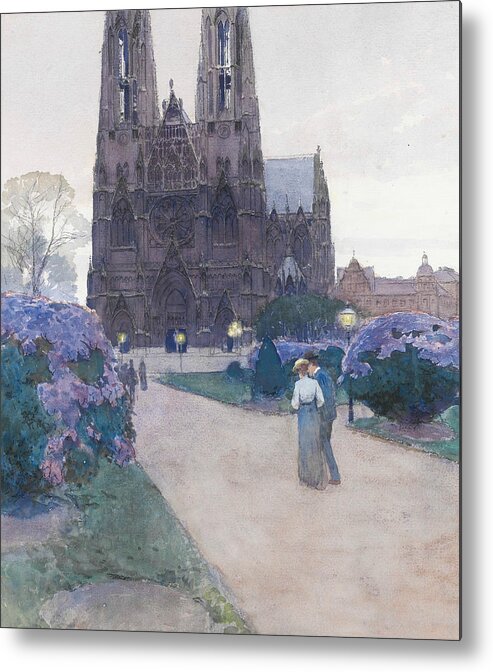 19th Century Art Metal Print featuring the drawing Stroll in the Gardens of the Votivkirche, Vienna by Carl Moll