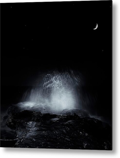 Tranquility Metal Print featuring the photograph The Crescent Moon And Waves Splashing by Stocktrek Images/luis Argerich
