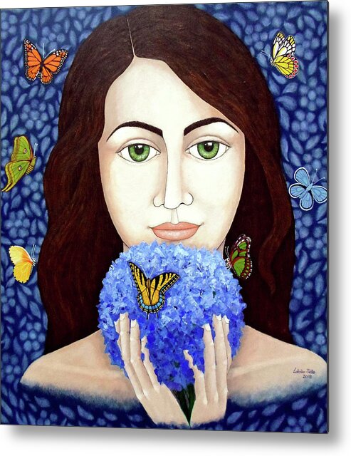 Woman Metal Print featuring the painting The woman who talks with butterflies by Madalena Lobao-Tello