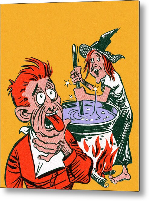 Accessories Metal Poster featuring the drawing Witch Stirring Brew Poisoning Man by CSA Images