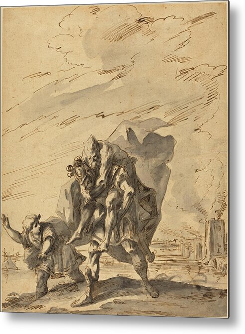 Gaspare Diziani Metal Print featuring the drawing Aeneas Carrying Anchises from Burning Troy by Gaspare Diziani