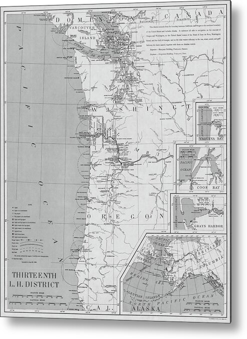 Pacific Metal Print featuring the photograph 1898 Pacific Northwest, Washington, Oregon and Alaska Lighthouse Map in Black and White by Toby McGuire