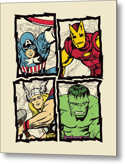Avengers Metal Print featuring the digital art Avengers Silver Age Quad - Distressed by Edward Draganski