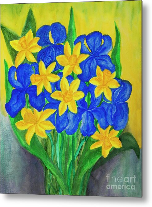 Flower Metal Print featuring the painting Blue irises and yellow daffodiles by Irina Afonskaya