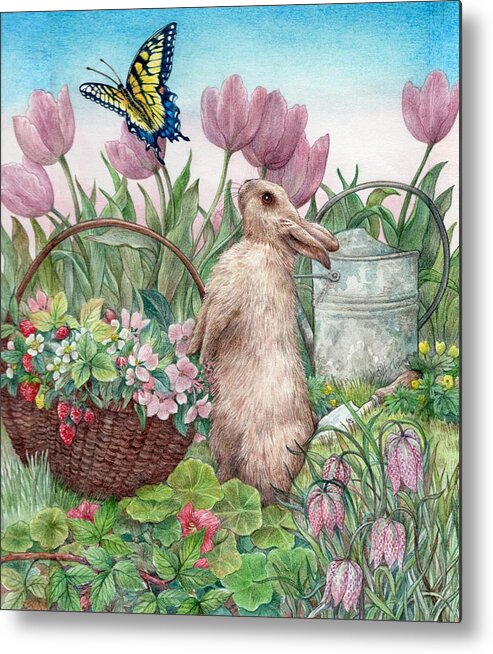 Illustrated Bunny Metal Print featuring the painting Bunny in Spring Garden by Judith Cheng
