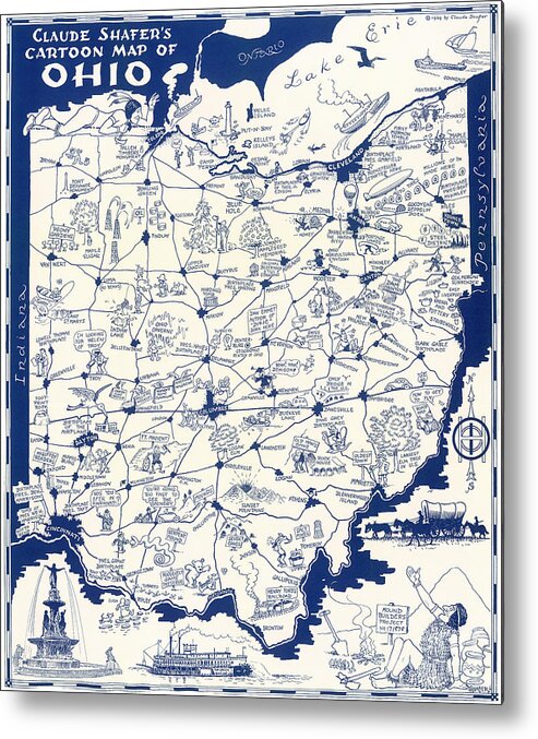 Claude Shafer Metal Print featuring the digital art Claude Shafer's Cartoon Map of Ohio - 1939 by Vintage Map