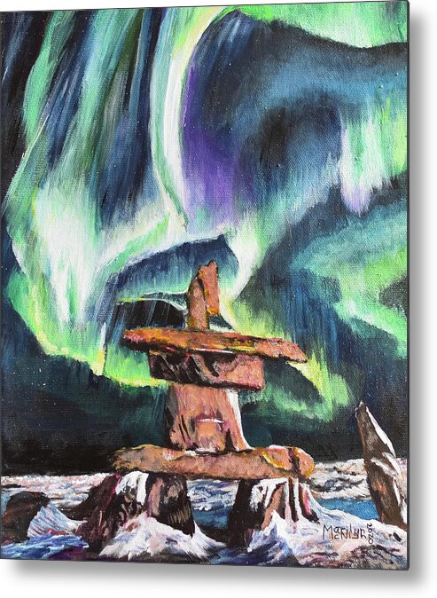 Inukshuk Metal Print featuring the painting Dancing Lights - Churchill by Marilyn McNish