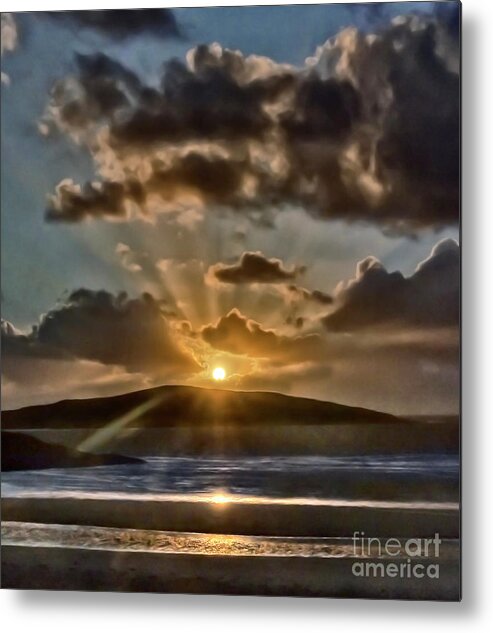 Dramatic Sunset Blue Yellow Round Sun Rays Glen Water Sea Mountain Beautiful Magnificent Stunning Serenity Solitary Nature Powerful Clouds Sky Shining Scotland Harris Highlands Mountains Setting Landscape Panorama Panoramic Breathtaking Spectacular Exciting Mindfulness Relaxing Artistic Unwinding Stylish Exceptional Singular Memorable Phenomenal Eccentric Awesome Electrifying Stimulating Intoxicating Sensational Thrilling Splendid Atmospheric Aesthetic Charming Outer Hebrides Fantastic Magical Metal Print featuring the photograph Dramatic sunset at sea and mountains by Tatiana Bogracheva