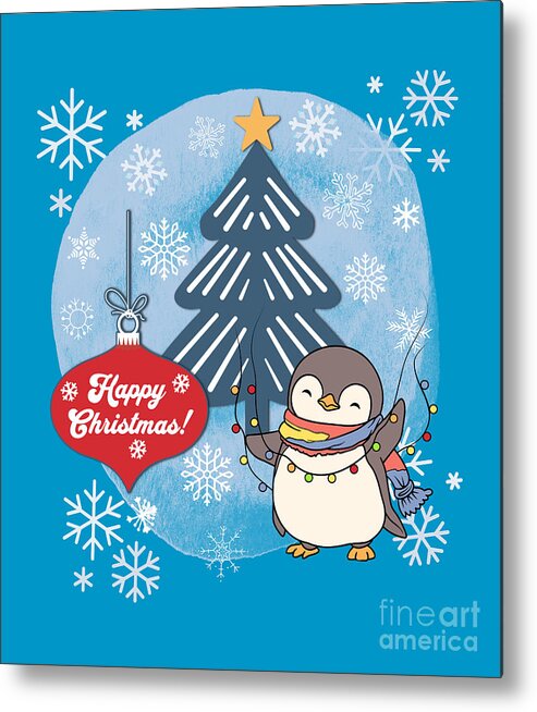 Christmas Penguin Metal Print featuring the digital art Happy Christmas Penguin and Snowflakes by Two Hivelys