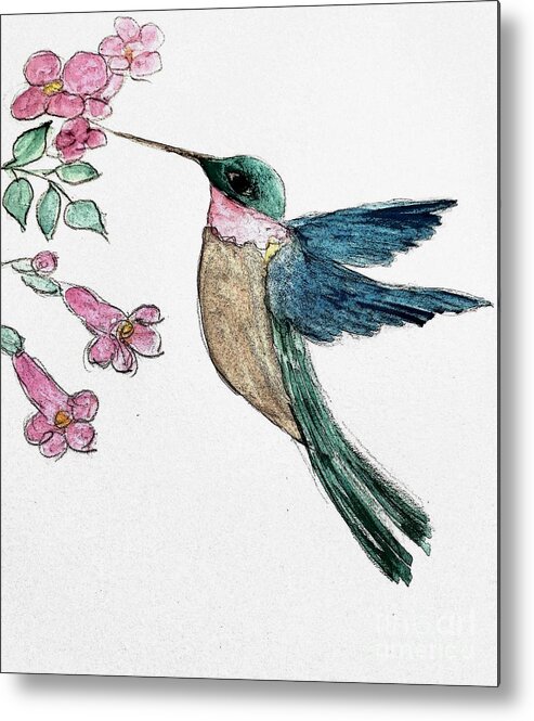 Hummingbird Joy Metal Print featuring the painting Visit from Hummingbird by Margaret Welsh Willowsilk