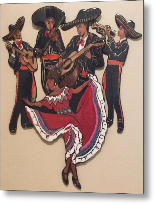 Mariachi Musicians Metal Print featuring the mixed media Mariachis and Folklorico Dancer by Bill Manson