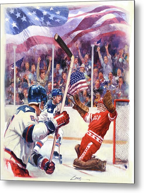 Dennis Lyall Metal Print featuring the painting Miracle On Ice - USA Olympic Hockey Wins Over USSR by Dennis Lyall