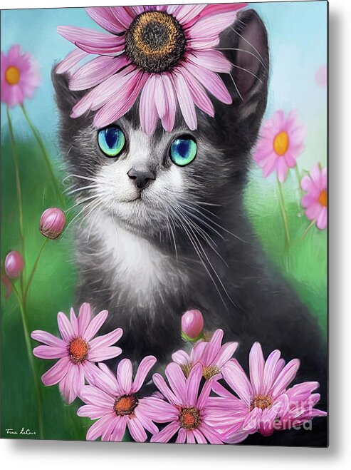 Gray Kitten Metal Print featuring the painting Pink Daisy Kitten by Tina LeCour