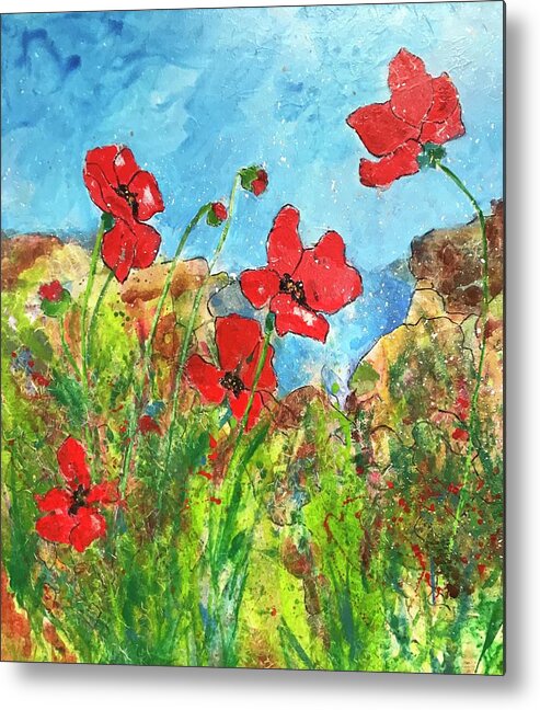Poppies Metal Print featuring the painting Poppies by the Sea II by Elaine Elliott