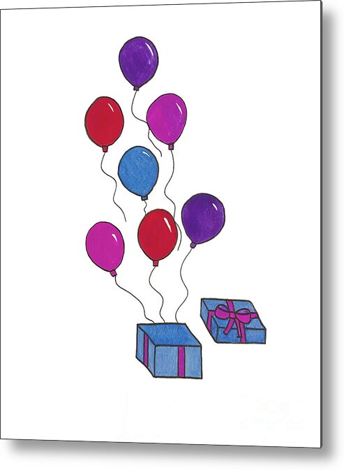 Birthday Metal Print featuring the mixed media Present and Balloons by Lisa Neuman