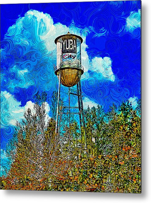 Water Tower Metal Print featuring the digital art The iconic water tower in Yuba City, California - impressionist painting by Nicko Prints