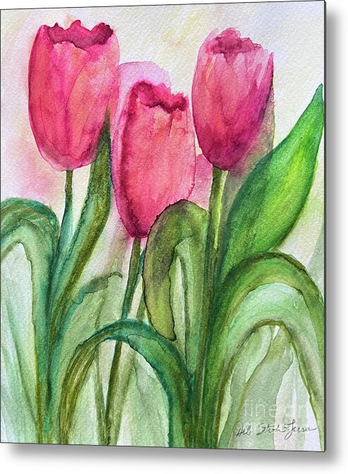Cherry Red Tulips Metal Print featuring the painting Tulip Morning by Deb Stroh-Larson