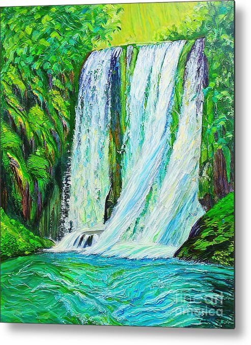 River Metal Print featuring the painting Waterfall in the old park Painting river sky blue trees water wa by N Akkash