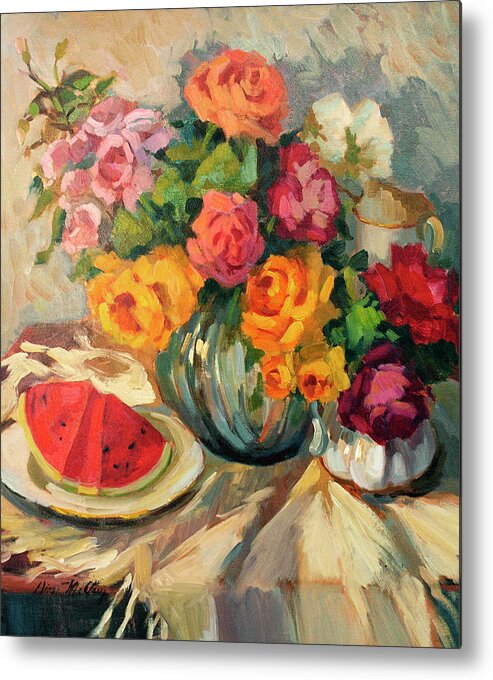 Watermelon And Roses Metal Print featuring the painting Watermelon and Roses by Diane McClary