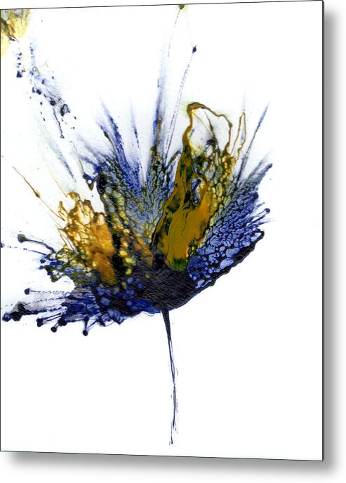 Flower Art Metal Print featuring the painting Abstract Flower Navy Blue Yellow 1 by Catherine Jeltes