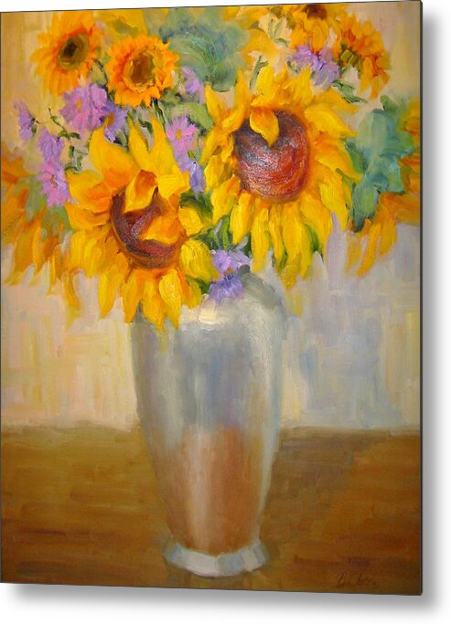 Sunflowers Metal Print featuring the painting Sunflowers in a Silver Vase by Bunny Oliver