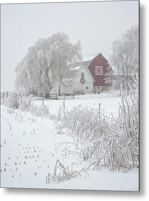 Wi Metal Print featuring the photograph Decorated barns on foggy morning with rime frost - Dane County Wisconsin by Peter Herman