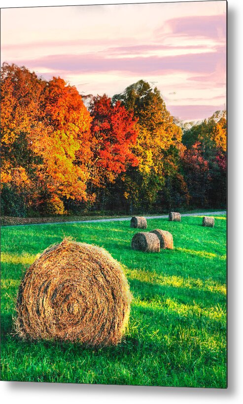 North Carolina Metal Print featuring the photograph Blue Ridge - Fall Colors Autumn Colorful Trees and Hay Bales II by Dan Carmichael