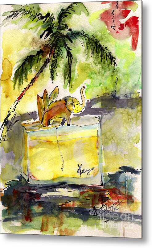 Bottle Metal Print featuring the painting Perfume Bottle Kenzo Jungle Elephant Still life by Ginette Callaway