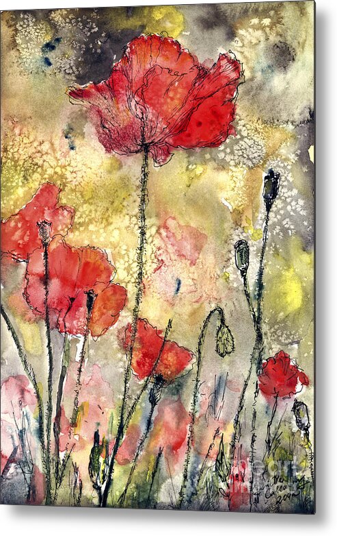 Blossoms Metal Print featuring the painting Red Poppies Botanical Watercolor and Ink by Ginette Callaway