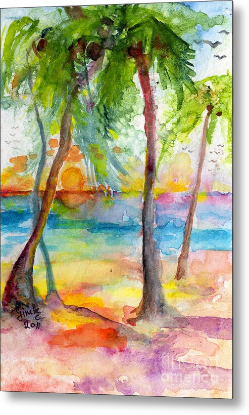 Islands Metal Print featuring the painting Pink Sands and Palms Island Dreams Watercolor by Ginette Callaway