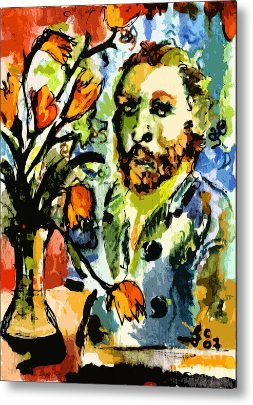 Van Gogh Portrait Metal Print featuring the painting Homage to VanGogh Tulips and Portrait by Ginette Callaway