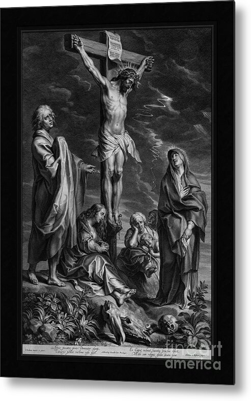 Christ On The Cross Metal Print featuring the painting Christ on the Cross, with Mary and Johannes by Engraver Schelte Adamsz Bolswert Classical Art by Rolando Burbon