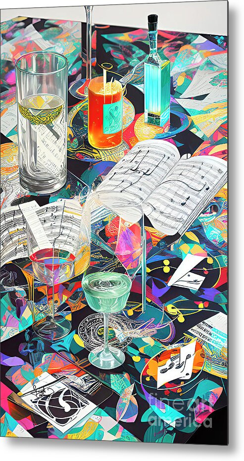 Sheet Music Metal Print featuring the digital art Abstract Expressive Modern Art Bottles Sheet Music Creativity Room by Ginette Callaway