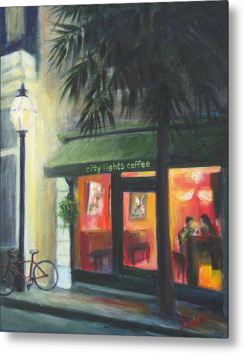 City Lights Coffee Metal Print featuring the painting City Lights on Market St. by Pamela Poole