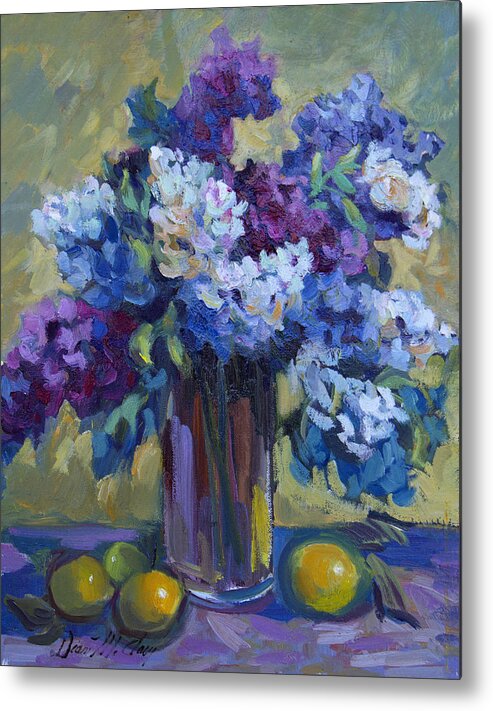 Still Life Metal Print featuring the painting Lemons and Lilacs by Diane McClary