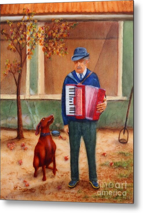 Romania Metal Print featuring the painting Uncle Ioan and Rocky in Romania by Lora Duguay