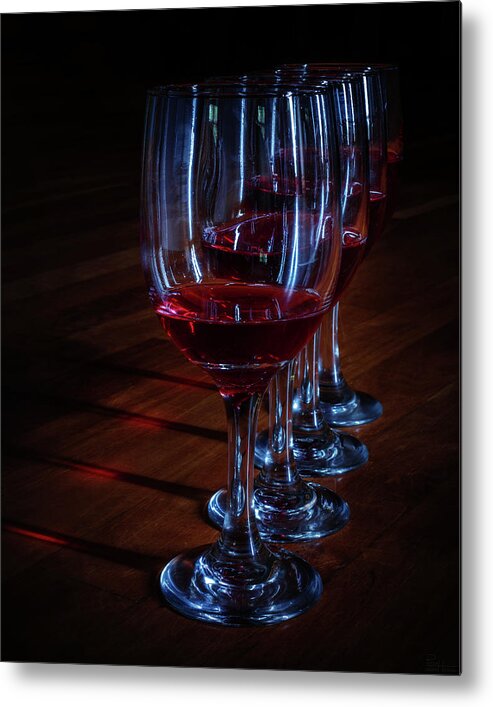 Wine Glass Goblet Red Abstract Alcohol Juice Cranberry Wood Vertical Pentax K-1 Pixel-shift Optical Pattern Perspective Infinity Repeating Metal Print featuring the photograph In the Winelight by Peter Herman