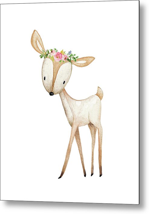 Deer Metal Print featuring the digital art Boho Woodland Deer Watercolor Floral Decor by Pink Forest Cafe