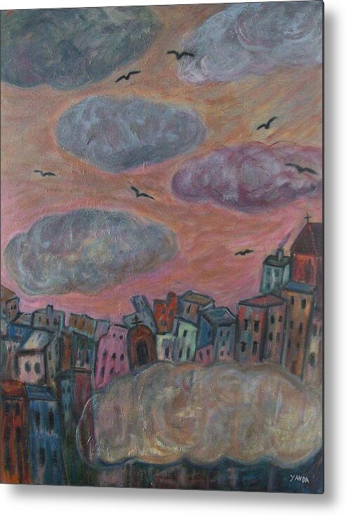 Katt Yanda Original Art Landscape Oil Painting Clouds City Cityscape Metal Print featuring the painting City of Clouds by Katt Yanda