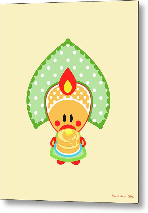 Cute Art Metal Print featuring the digital art Cute Art - Sweet Angel Bird in a Folk Headdress Holding a Stack of Pancakes Topped with Butter Wall Art Print by Olga Davydova