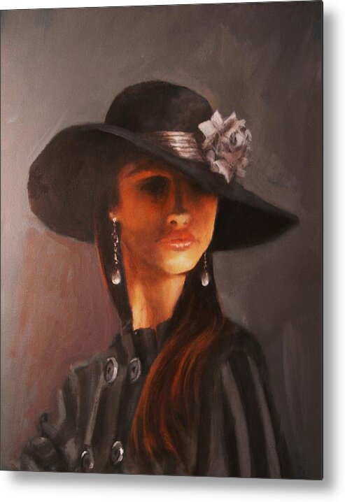 Portrait Metal Print featuring the painting Flowered Hat Plus Attitude by Tom Shropshire