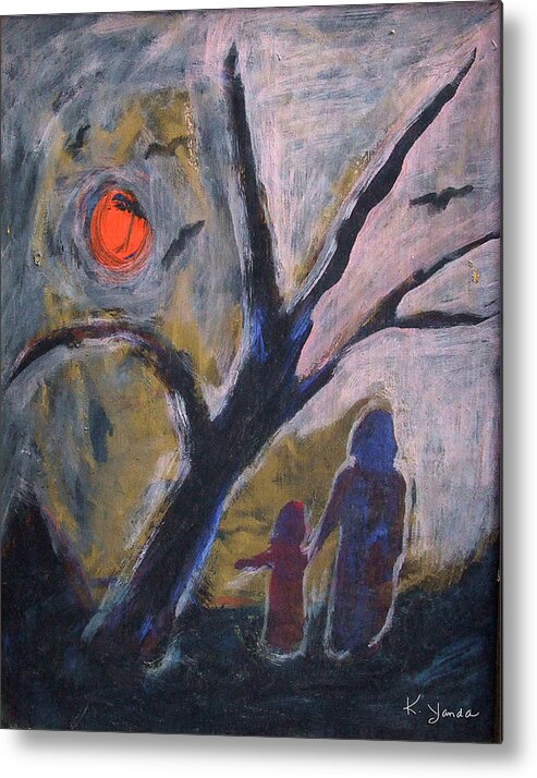 Katt Yanda Metal Print featuring the painting Hand in Hand Walk Under the Moon by Katt Yanda