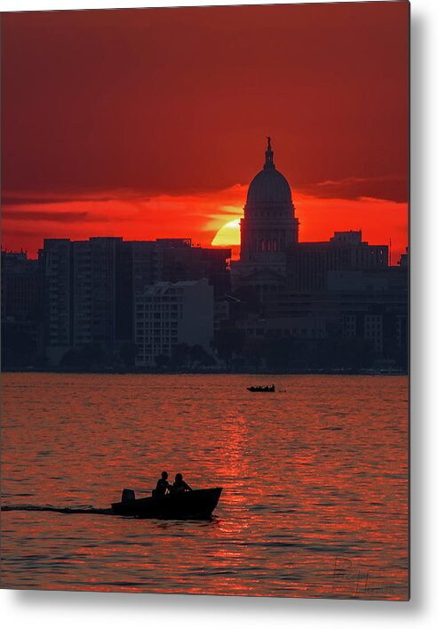 Madison Wi Sunset Monona Lake Monona Boating Fishing Capitol State Capitol Water Vertical Landscape Scenic Silhouette Skyline Metal Print featuring the photograph Madison Sunset over Lake Monona #1 by Peter Herman