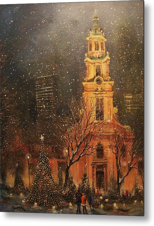 Cathedral Square Metal Print featuring the painting Snowfall in Cathedral Square - Milwaukee by Tom Shropshire