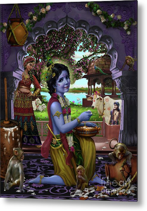 Art India Metal Print featuring the mixed media Krishna the Butter Thief - Makhan Chor by Vishnu Das